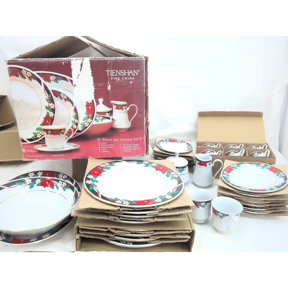 Tienshan Christmas Holiday Deck Halls 37 pc Service for 8 Serving Tray In Box